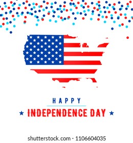Vector Happy INDEPENDENCE Day design template with silhouette map of USA, flag and confetti