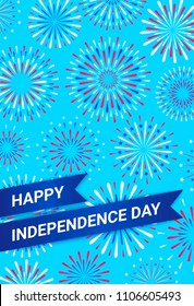 Vector Happy Independence Day design template with festival fireworks on a blue background