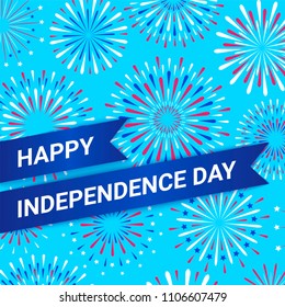 Vector Happy Independence Day design template with festival colorful fireworks on a blue background. Flat illustration. Tag with shadow