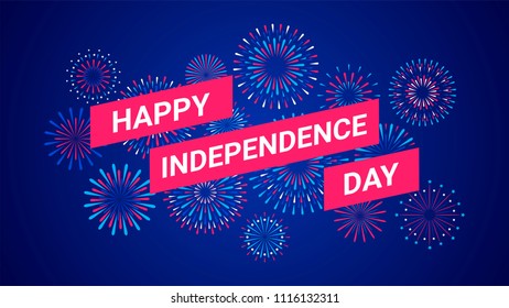 Vector Happy Independence Day design card with festival colorful fireworks on a night background. Vector flat illustration 