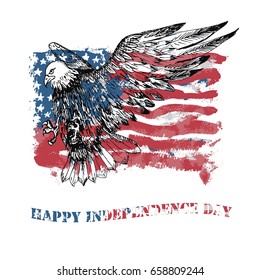Vector Happy Independence Day greeting card. American national holiday. Hand drawn illustration. USA Flag. 