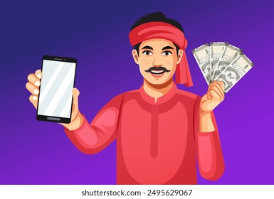 Vector del hombre rural indio feliz que sostiene la divisa india y el teléfono móvil en el fondo blanco - concepto de banca móvil