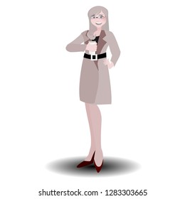  Vector Happy International  Woman Day. Woman flat cartoon character  on isolated background. Illustration of girl in work dresses,  and gestures hold coffee. For further editing. Business people.