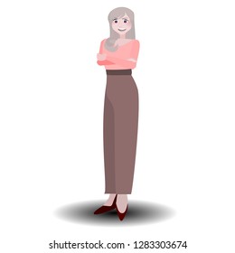  Vector Happy International  Woman Day. Woman flat cartoon character  on isolated background. Illustration of girl in work dresses,  and gestures folded. For further editing. Business people.