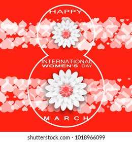 Vector Happy International Women's Day red background from two bands of hearts, silhouette of number with flowers and text.