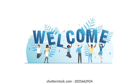 Vector happy, joyful people, company of friends jumping, holding big letters of word welcome in confetti for web page. Greeting to site on Internet for users and visitors.