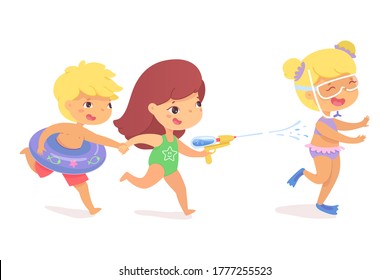Vector happy kid enjoy fun on summer. Little boy and girl friend shooting from toy water gun, running, laughing. Vacation scene. Summertime rest, active children recreation