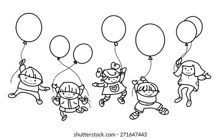 Vector  happy kids with balloons , black silhouettes.