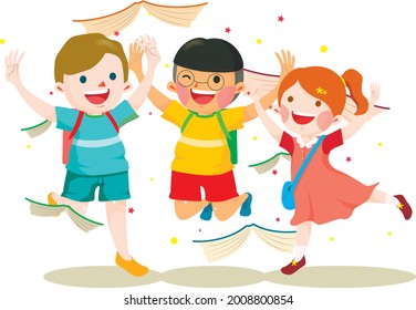 Vector of Happy Kids Jumping with Joy, Surrounded by Flying Books, Celebrating Education and Friendship. Colorful Cartoon Design Ideal for Back-to-School Themes, Educational Materials, or Child.