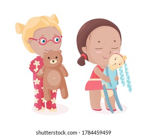 Vector happy kids with soft toys. Smiling blonde girl in eyeglasses with teddy bear and brown hair girl with stitched rabbit. Best friends isolated objects. 