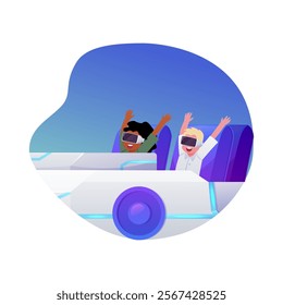 Vector of happy kids in VR glasses, with hands up and riding in digital amusement park. Virtual reality attraction. Entertainment and leisure. Game metaverse. Isolated illustration in round frame.