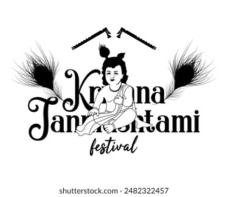 Vector happy Krishna janmashtami festival lettering with a krishna.