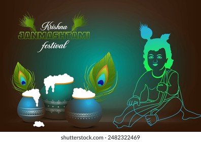 Vector happy Krishna janmashtami festival lettering with a krishna.