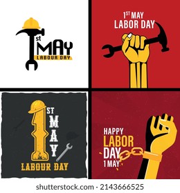 vector happy labor day 4 set, banner with man hand. red workers may day poster.