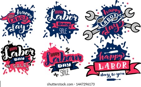 Vector Happy Labor Day concept. Sets of Labor day badge and labels design for sale promotion, party decoration National american holiday illustration. Festive poster or banner with hand lettering.