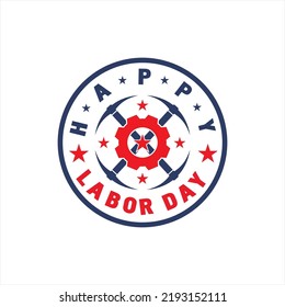 Vector happy labor day design logo with traditional mining tools and gear concept.
