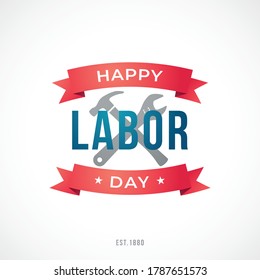 Tarjeta de felicitación del Vector Happy Labour Day. Plantilla de diseño de vectores para la fiesta nacional americana. Afiche o pancarta festivo con herramientas, cintas y texto.