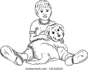 vector - niño pequeño feliz jugando con su cachorro