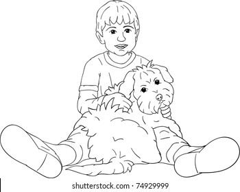 vector - niño pequeño feliz jugando con su cachorro