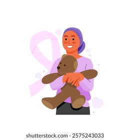 Vector of happy little girl bring and hug teddy bear with cancer and pink ribbon on the background