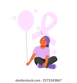 Vector of happy little girl with cancer bring balloon with pink ribbon on the background