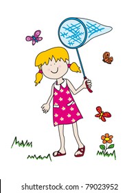 Vector happy little girl cartoon character chasing butterflies with her net.