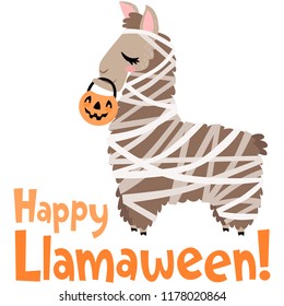 Vector Happy Llamaween Llama Mummy Costume Illustration. Perfect for scrapbooking, kids, stationary, Halloween, clothing, accessories, and home decor projects.