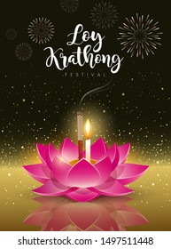 Vector Happy Loy Krathong festival travel in thailand on golden background, illustration