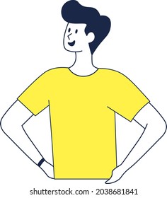 Vector Happy Male Character Looking Up - Amazing vector flat illustration of a man looking up with his hand on his waist suitable for apps, website, design asset, template, and illustration in general