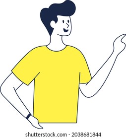 Vector Happy Male Character Pointing At Something - Amazing vector flat illustration of a man pointing with his hand suitable for apps, website, design assets, template, and illustration in general