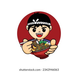 Vector Happy male chef holding ramen noodle cartoon icon illustration