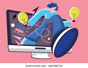 Vector of Happy man gets idea on the Internet. Get creative from researching on the internet