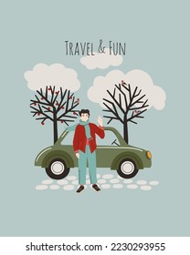 Hombre feliz con vectores con auto verde. Concepto de ilustración de viaje para afiche, tarjeta, impresión, diseño. 
