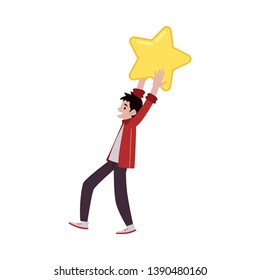 Vector happy man holding big yellow star above head. Customer review, positive feedback concept. Satisfied man giving high rank for a business in rating.