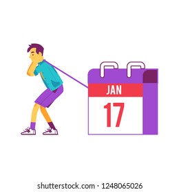 Vector happy man pulling huge calendar with 17 january date. Young male character and time management symbol. Concept of working hours, deadline with planner symbol