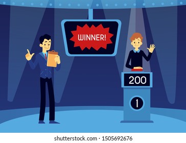 Vector happy man winner in quiz show standing at podium with points at screen raising hand up , pushing red button in order to answer with show host emcee. Erudite uducational TV game concept.