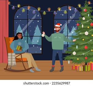 Vector Happy man and woman in room with big windows and winter landscape, Christmas tree. Beautiful Christmas background. Element of New Year poster, card, decorative element.