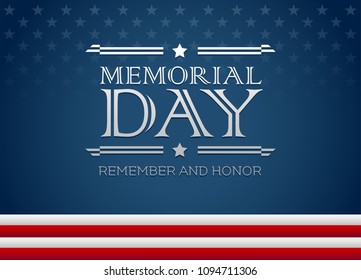 Vector happy Memorial Day blue background with text Remember and Honor - Memorial Day greeting card