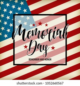 Vector Happy Memorial Day card. National american holiday illustration with USA flag. Festive poster with hand lettering.