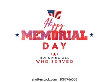 Vector Happy Memorial Day card. National american holiday illustration with USA flag. Festive poster or banner with watercolor typography.