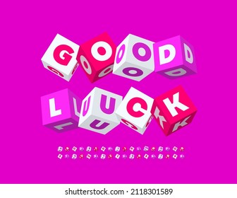 Vector Happy Message Good Luck. Toy Block Font. Cute Cube Shaped Alphabet Letters And Numbers Set