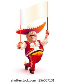 Vector happy mexican man dancing traditional dress holding banner over his head to write or advertise something on it smiling, he has sombrero, mustache, spurs, national pants, vest and shirt