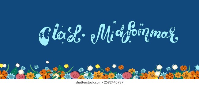 Vector Happy Midsummer banner with meadow fowers