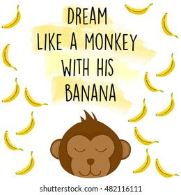 Vector of a happy monkey with his banana dreaming