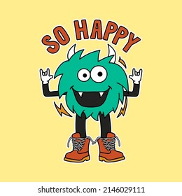 VECTOR OF A HAPPY MONSTER WITH BOOTS, SLOGAN PRINT