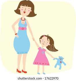 Vector happy mother with daughter