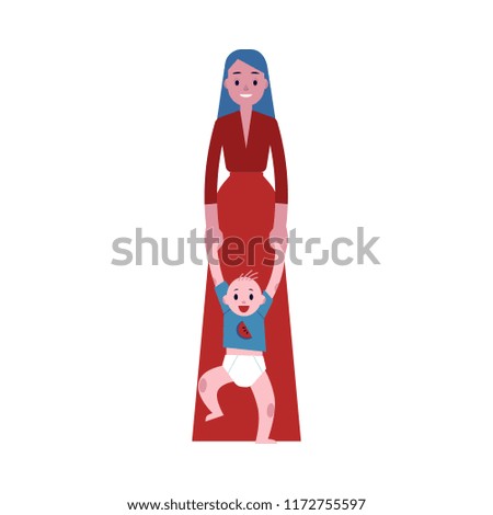 Vector happy mother standing holding hands of newborn toddler baby with smile at face. Family characters, adult woman and small son kid standing together. Isolated flat illustration
