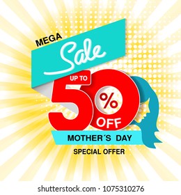 Vector Happy Mother's Day. Big sale banner. Mega sale, up to 50 % off. Red blue special offer. Template design with silhouette of mother on yellow striped background.
