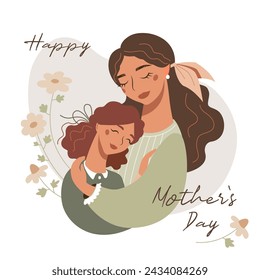 Vector Happy Mother`s Day card in a flat style. Nice people hugs. Beautiful young woman with her daughter between blooming flowers. Cute mom and teenager girl portrait.