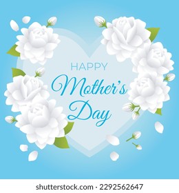 Vector Happy Mother's day celebration greeting card invitation template illustration with text calligraphy in heart shaped frame and beautiful white jasmine flowers, green leaves on blue background.